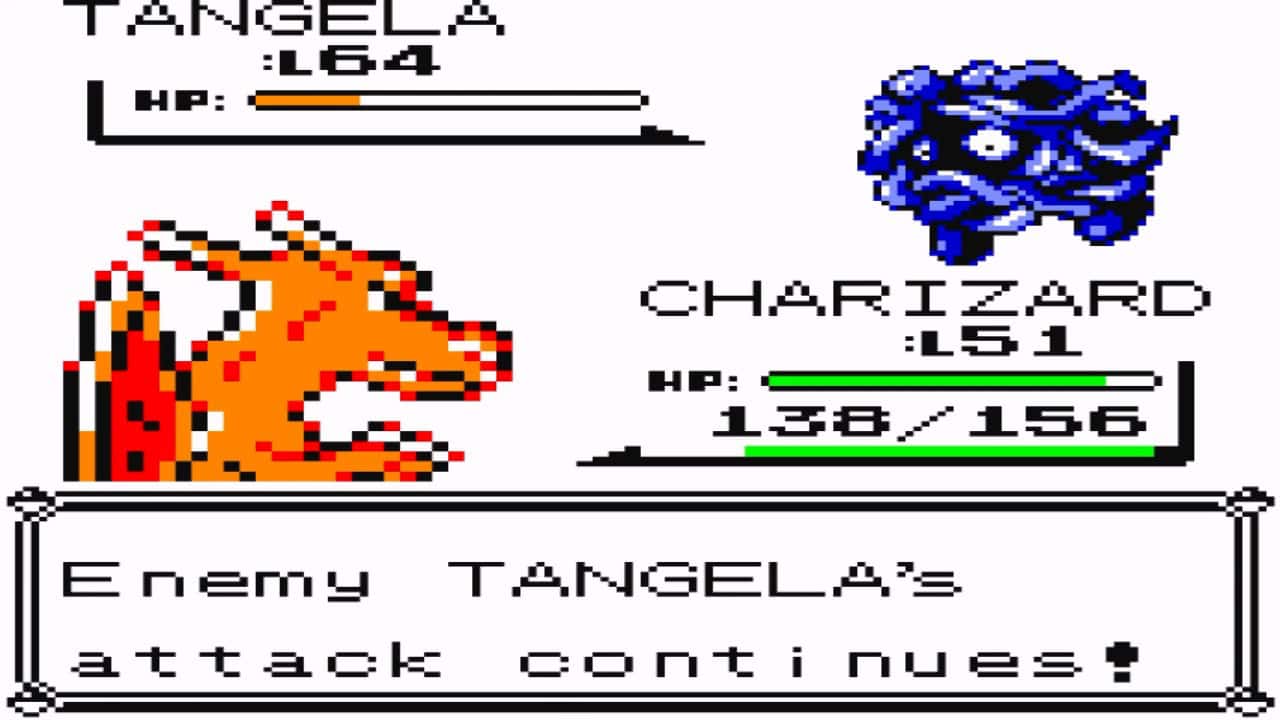 Screenshot of a Pokémon battle from a Game Boy game. Charizard (Level 51) is battling Tangela (Level 64). The text reads: "Enemy TANGELA's attack continues!" in classic Pokemon style. Charizard has 138/156 HP remaining.