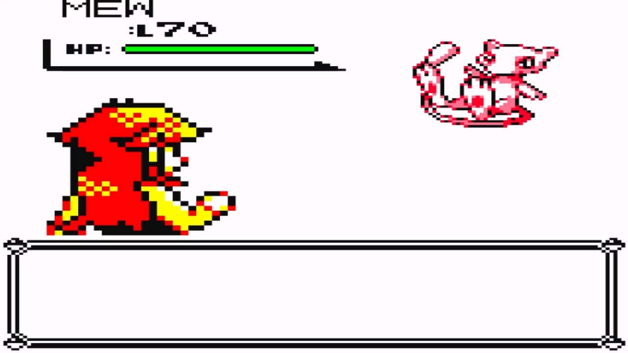 A Pokémon battle scene from a video game showcases a character facing off against a level 70 Mew with a nearly full HP bar.