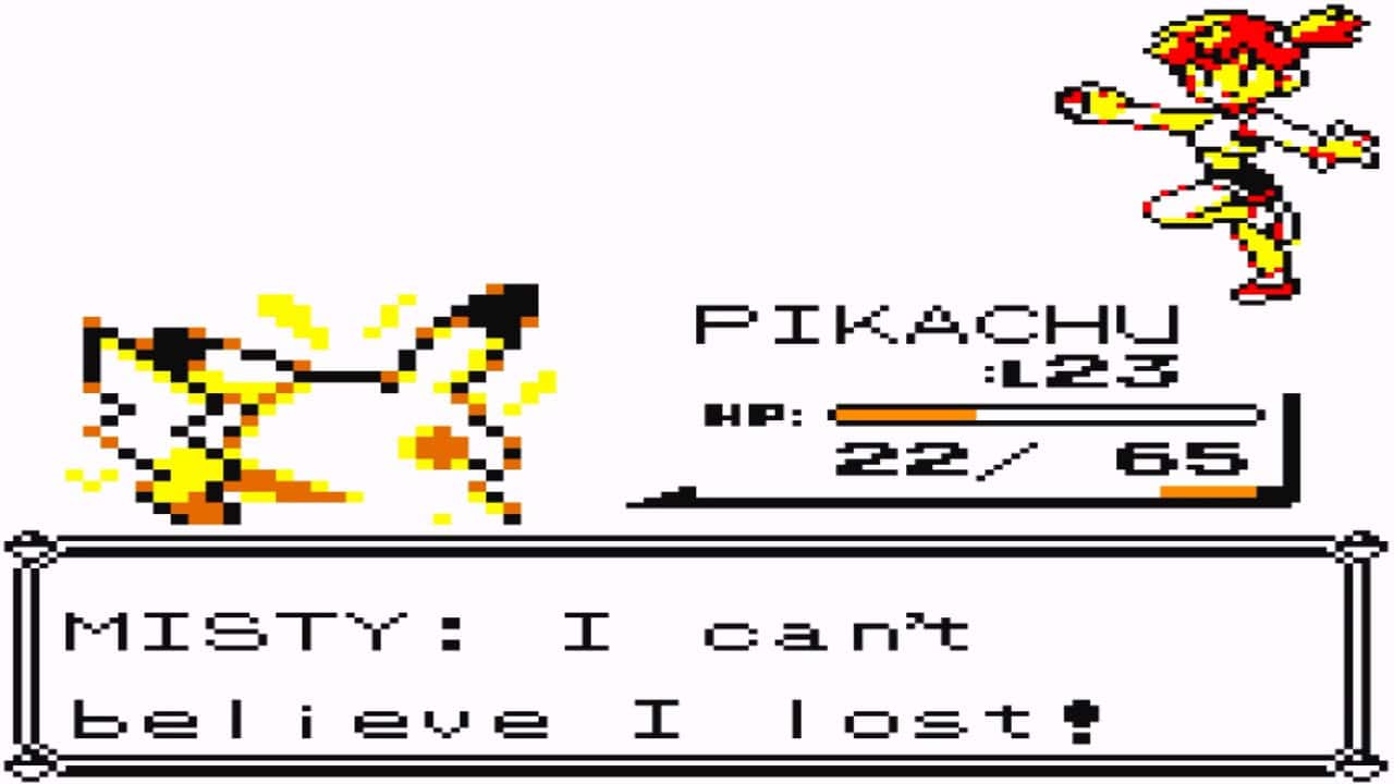 Screenshot from a Pokémon game shows Pikachu at level 23 in battle against Misty, who expresses, "I can't believe I lost!" Pikachu's HP is at 22 out of 65. This iconic moment captures the intense emotions and strategy typical in Pokémon battles.