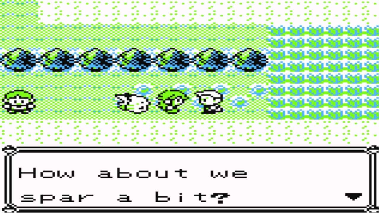 Two characters next to each other on a grassy path in a pixelated game. One character proposes a sparring match in the dialogue box, reminiscent of Pokemon battles, and a third character stands nearby.