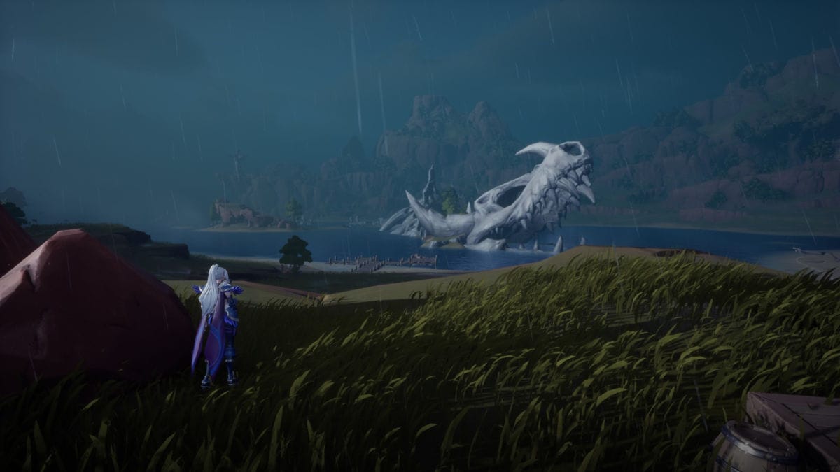 A hunter starting out to the lake, witnessing a giant skeleton of a felled mythical beast.