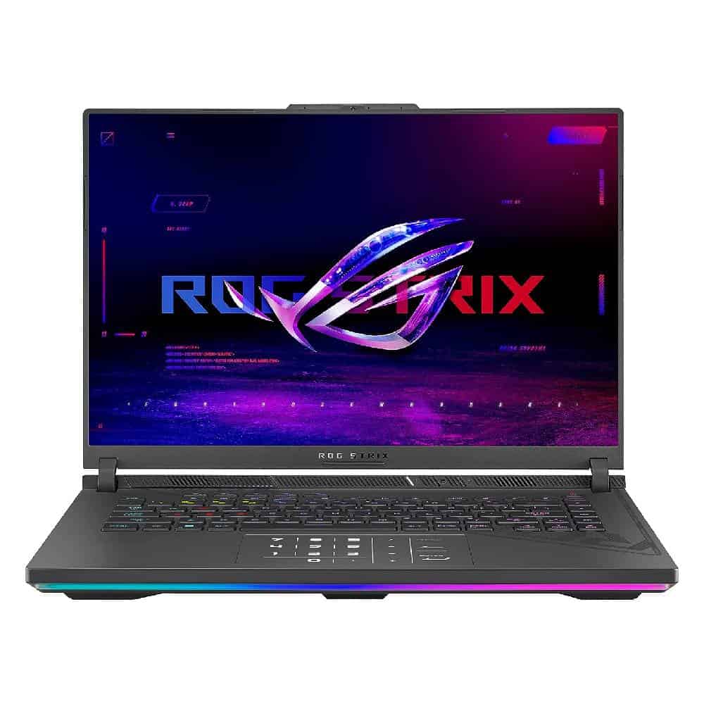 The ASUS ROG laptop is open on a white background.