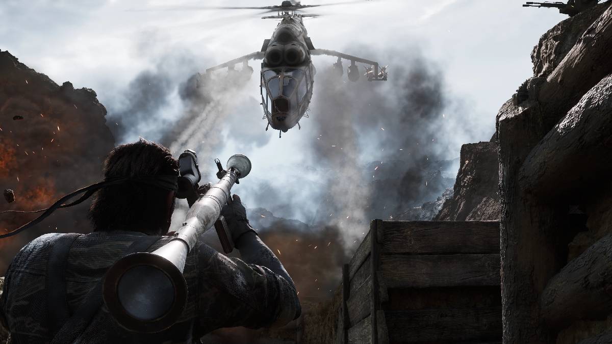 Snake aiming a rocket launcher at a helicopter in MGS Delta.
