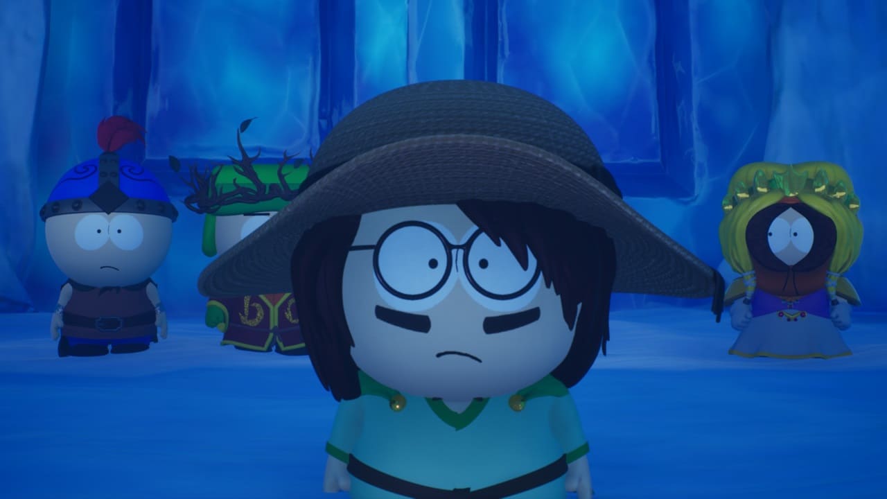 Animated characters from "South Park: Snow Day" dressed in fantasy-themed costumes standing in a blue, cave-like setting.