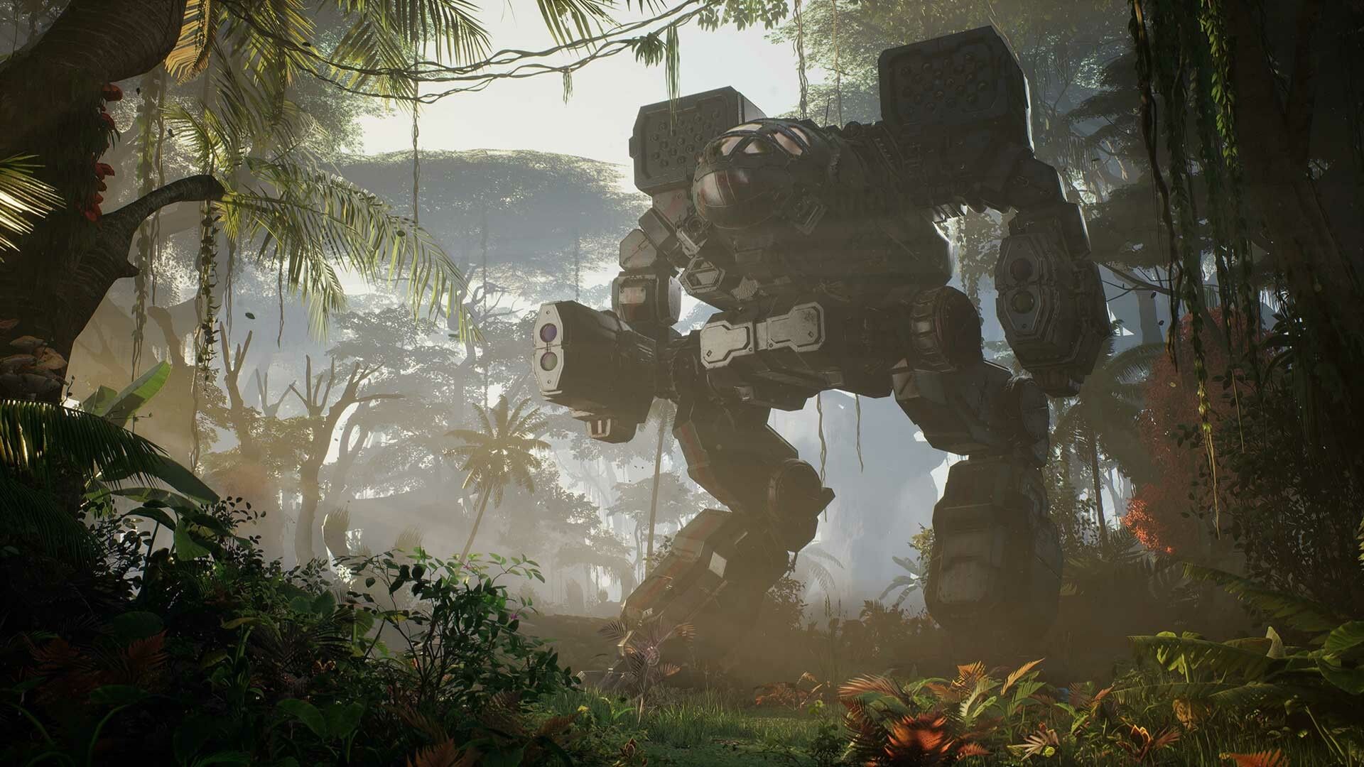 mechwarrior 5 clans release date - a large mech stands in a jungle setting
