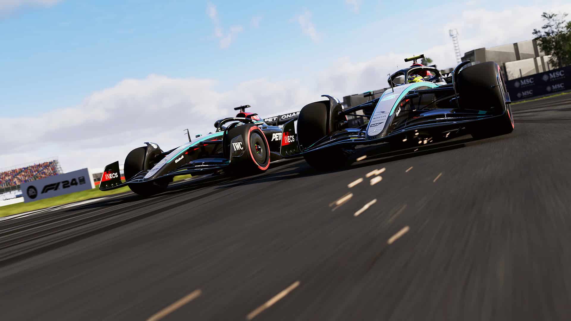 F1 24 release date - Two F1 cars racing closely on a track