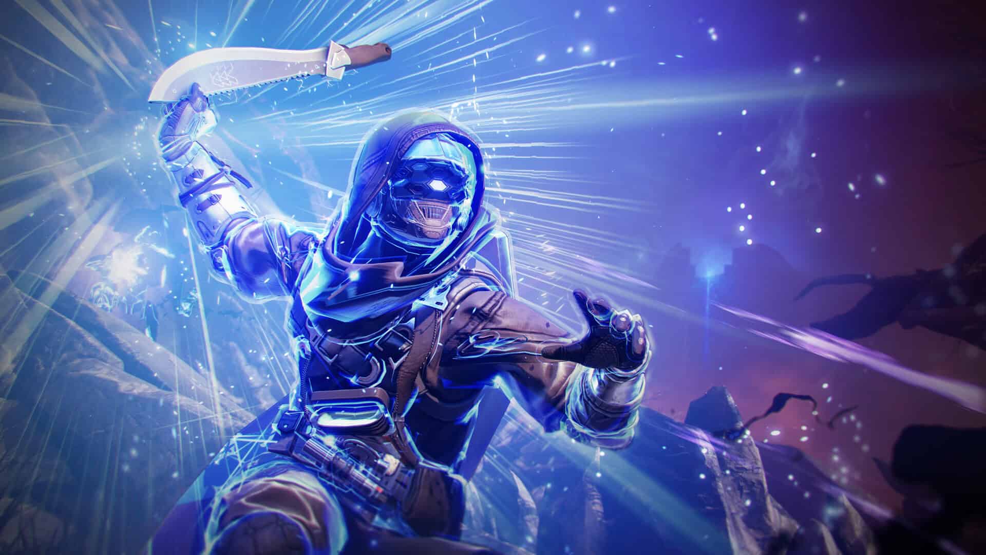 destiny 2 the final shape start time - A warrior in glowing blue armor holds a knife