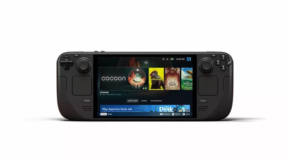 The Steam Deck, a sleek black gaming device featuring an OLED screen.