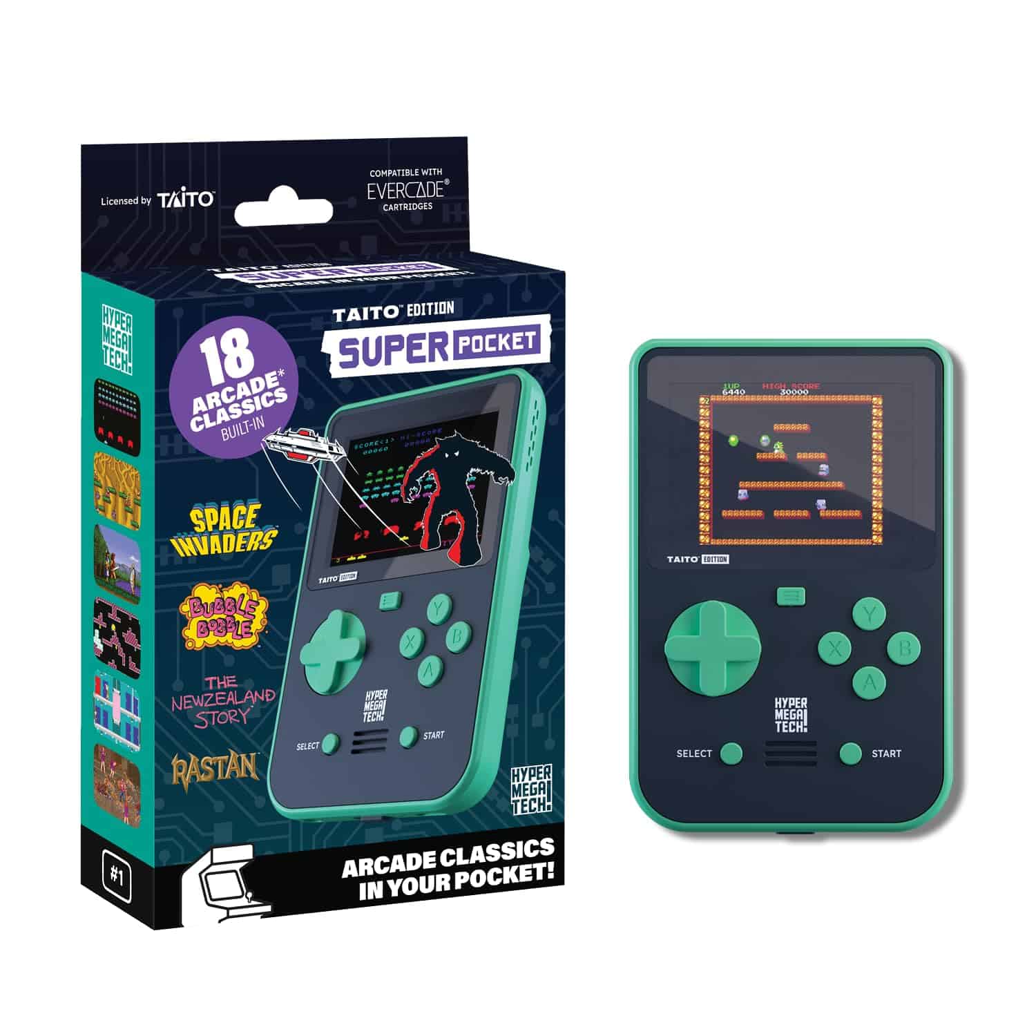 A Super Pocket handheld video game console packed inside a box.