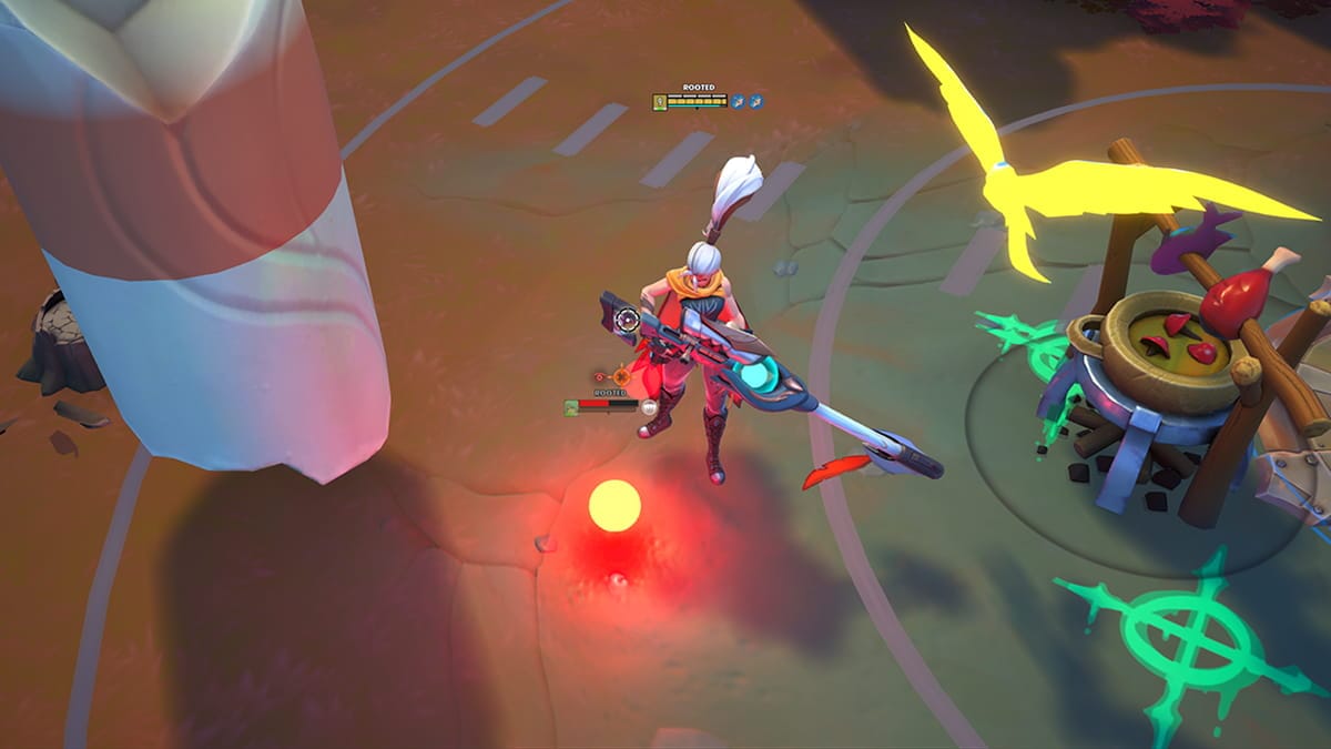 Image of a character in Supervive over a defeated enemy's mote.