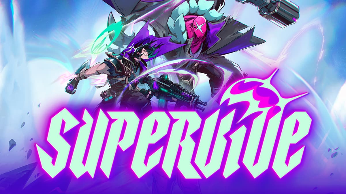 Splash art image for Supervive. Depicts two characters locked in combat, with Supervive logo.
