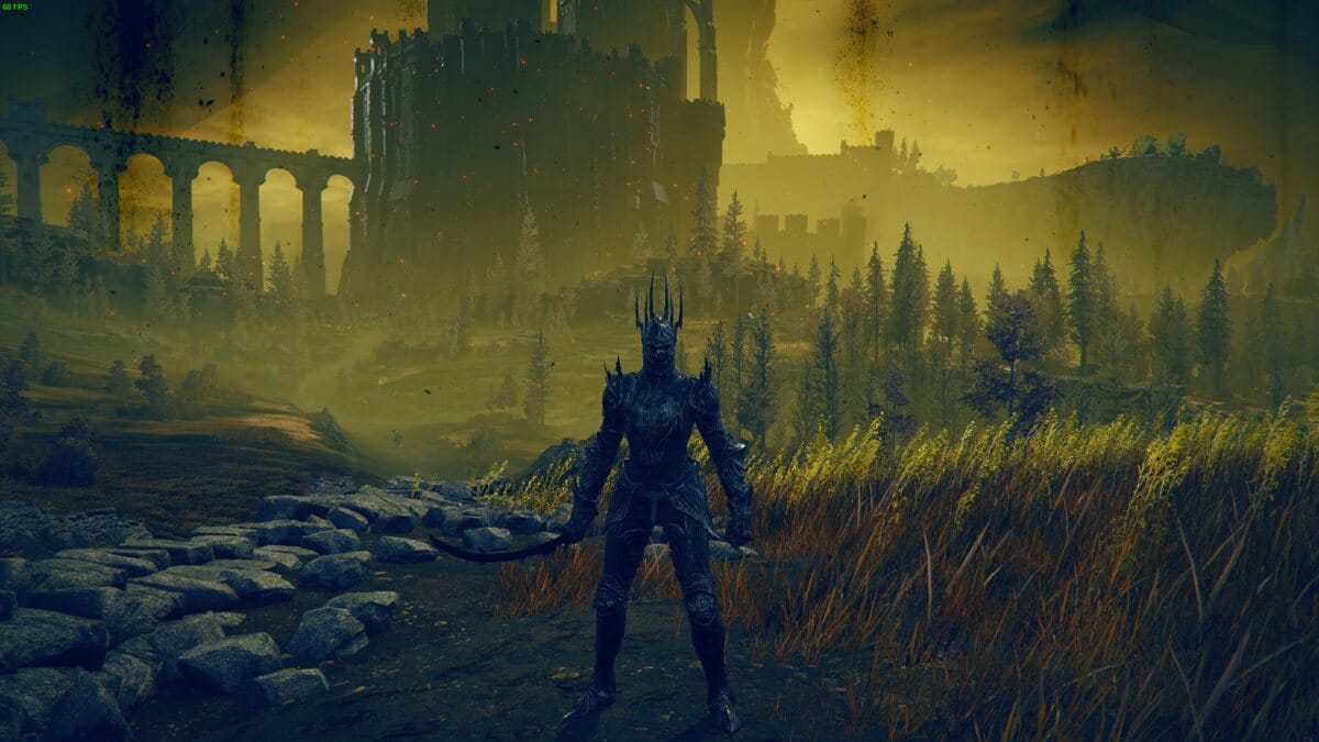 Elden Ring Shadow of the Erdtree best Sword of Night build: Tarnished in Scadu Altus with Shadow Keep in the distance.