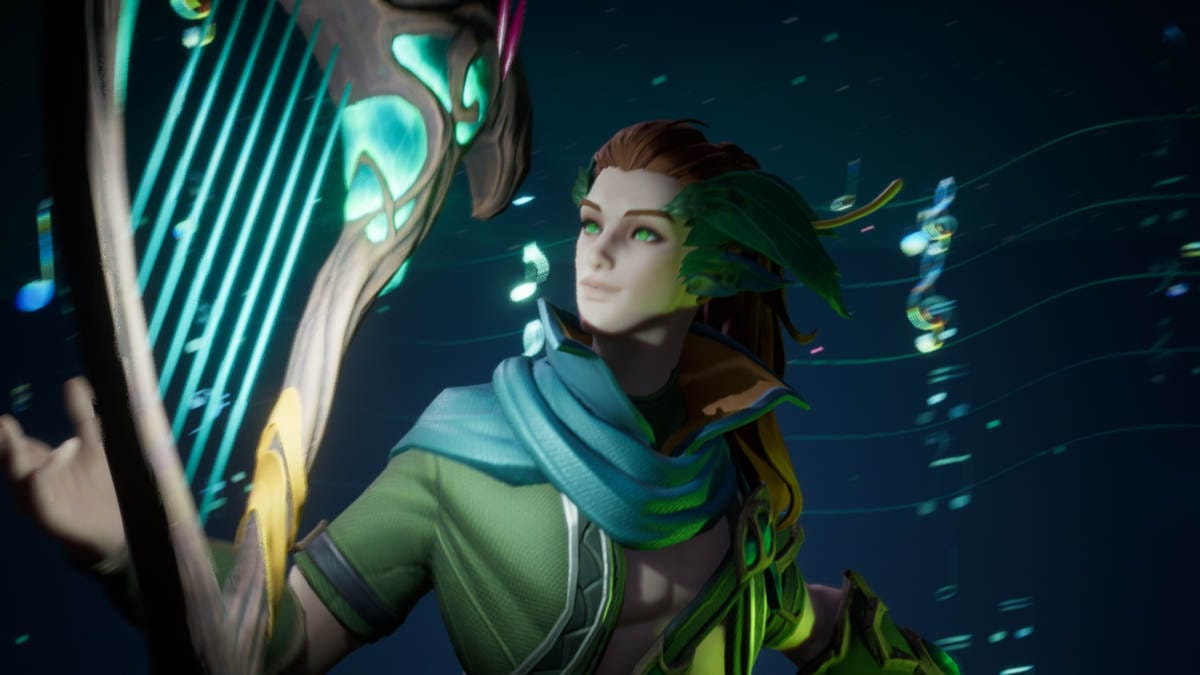 An artist impression of a magical bard with an enchanted harp.