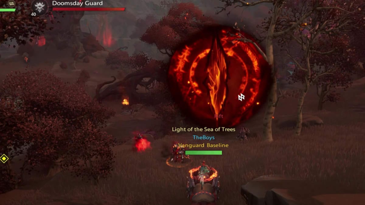 An image of a rift portal opening, summoning demons from another wold into an enchanted forest.