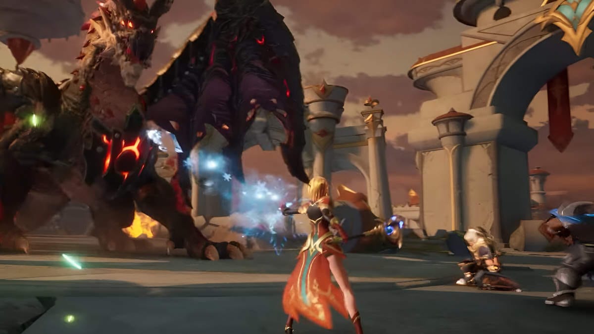 A frost mage fighting a big dragon.