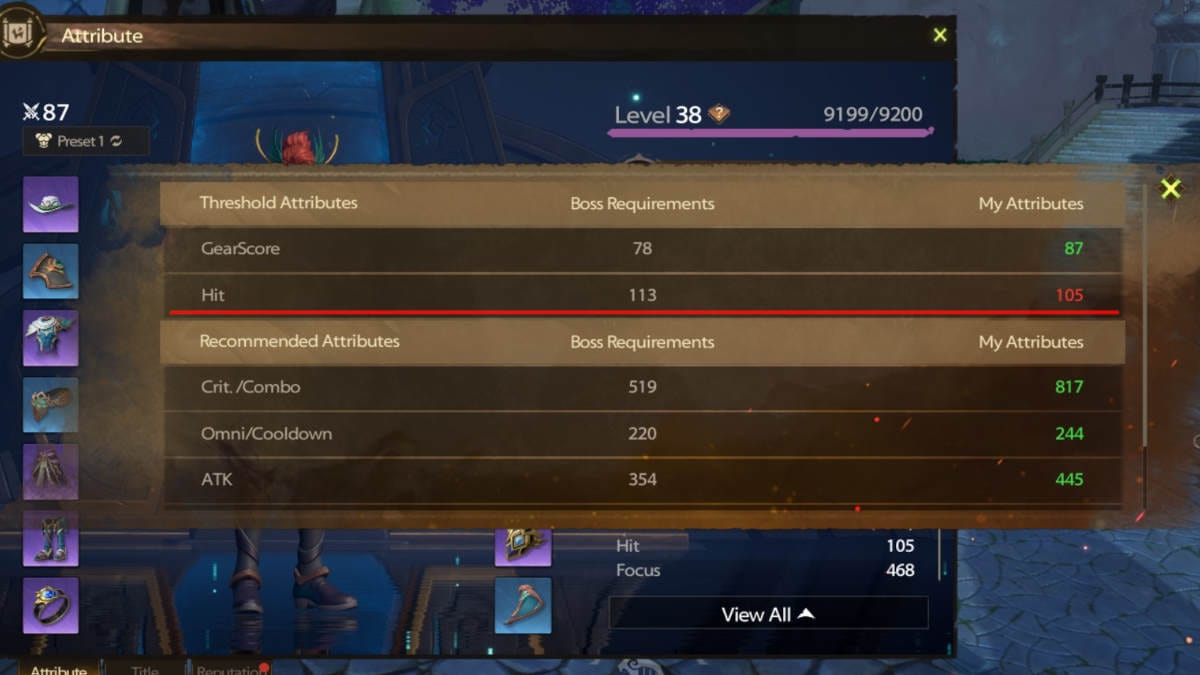 An image of the on-screen stat rewuirment to fight a the Shadow Witch Elite boss, showcasing th erequired hit rating to complete it at 113 Hit Rating.