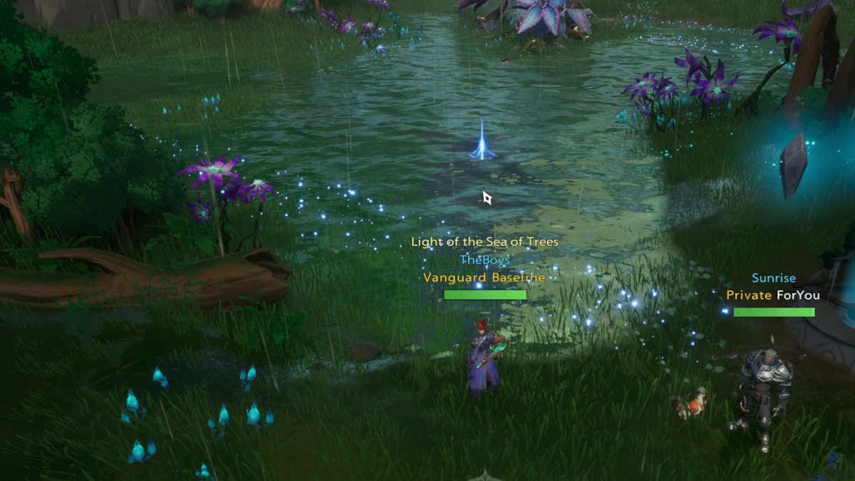 An in game screenshot in Tarisland of a fisherman by an forest lake.