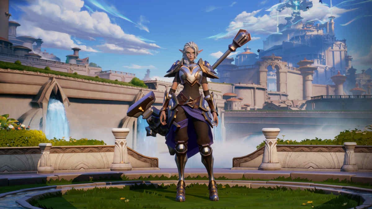 A picture of a paladin in front of her holy city.
