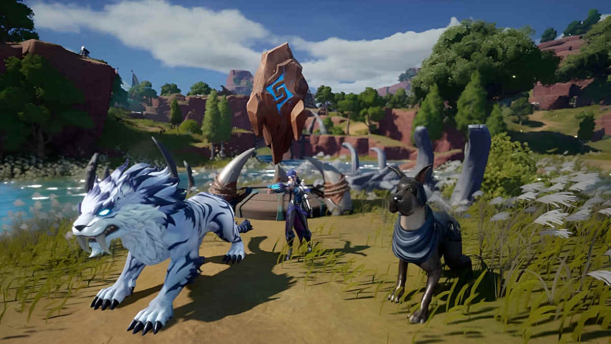 A picture of a ranger guarded by her two animal companions.