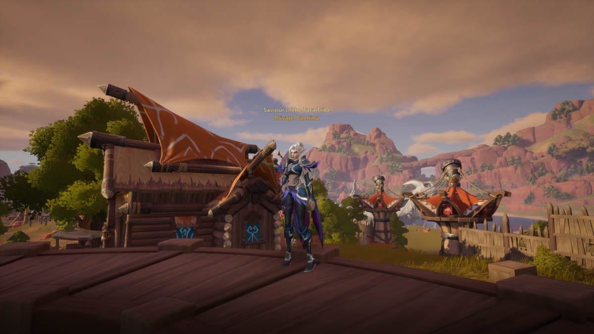 Elf Archer standing on a platform in a town.