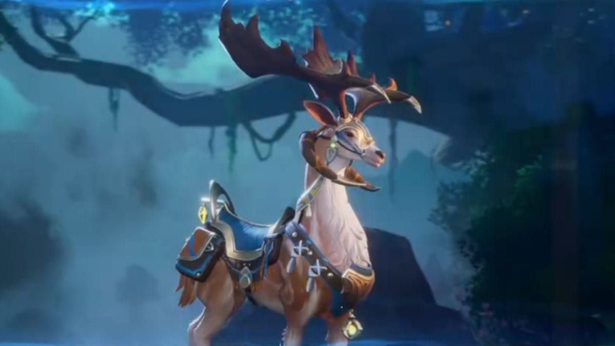 Picture of a white and brown reindeer in a mystical blue and enchanted forest.