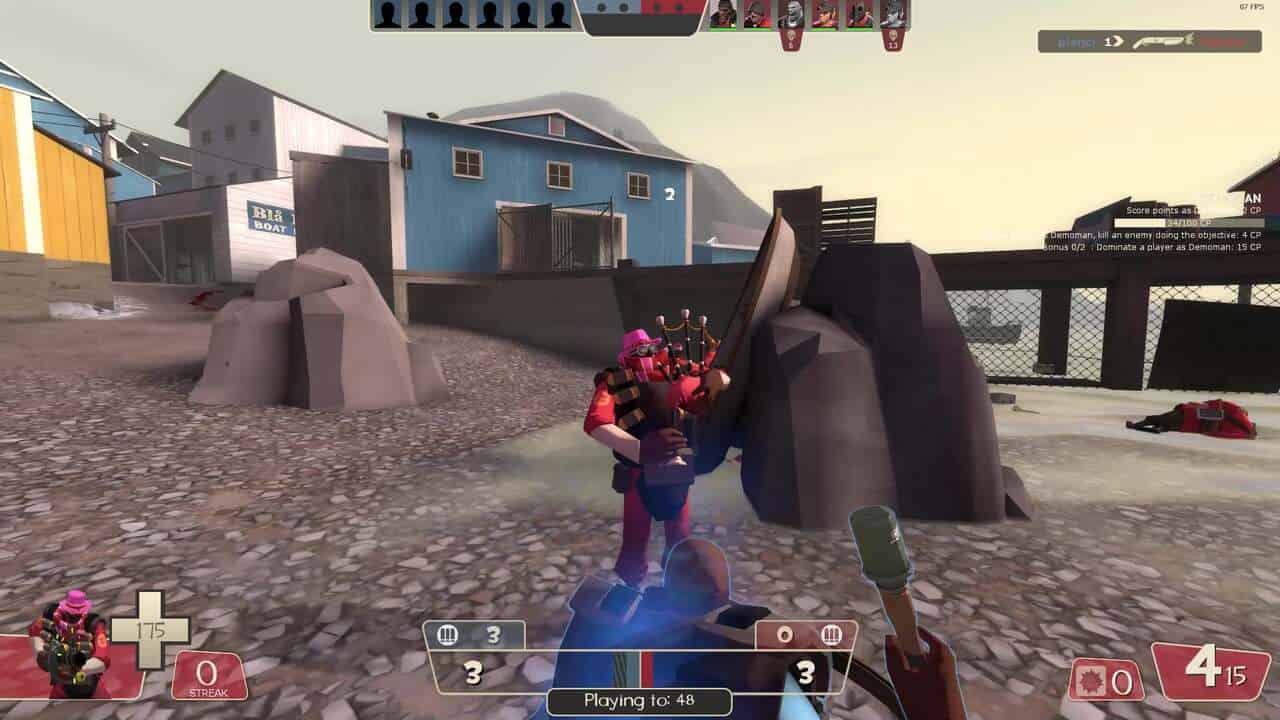 A Demoman player playing the bagpipes in front of an enemy Demoman.