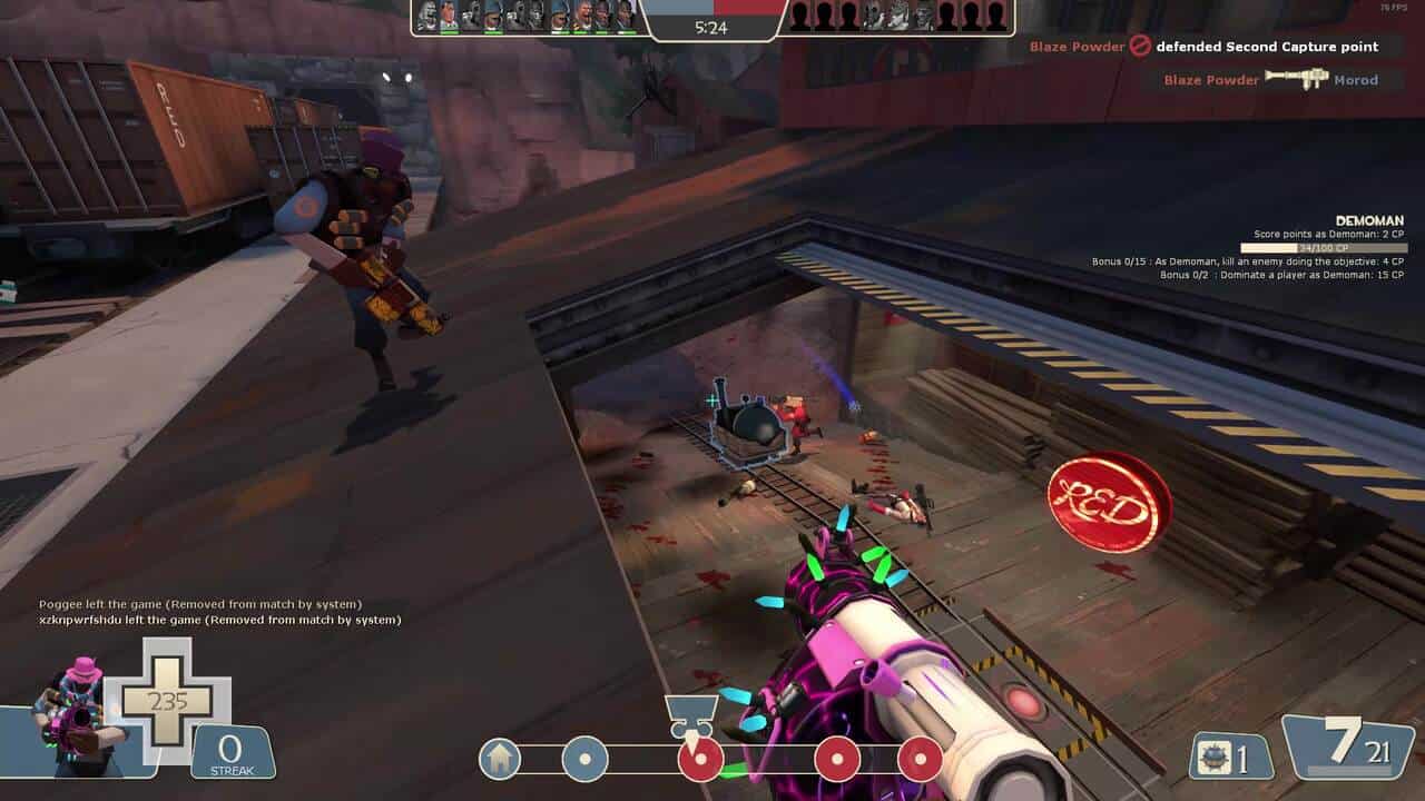 Two Demoman players shooting stickybombs at an enemy Soldier.