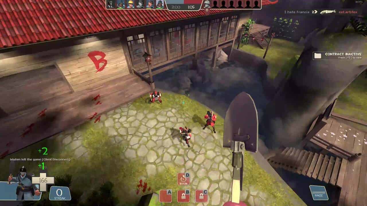 A Soldier rocket jumping above three enemy players.
