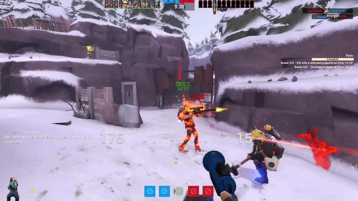 A pyro player aiming a flare gun towards an aimbot sniper.