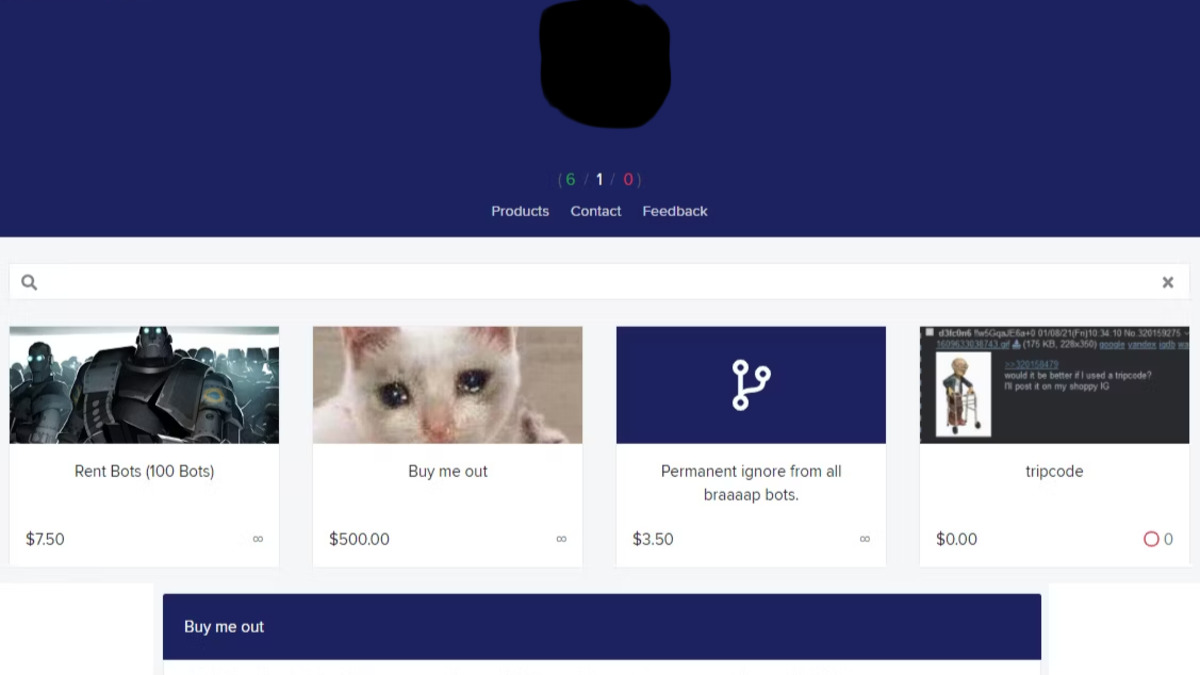 A bot hoster's website advertising services such as renting bots and bot immunity for sale.