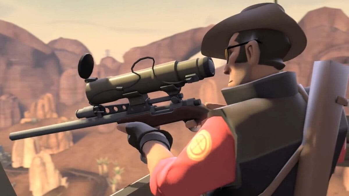 The Sniper from Team Fortress 2 aiming down his sights from a watchtower.