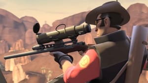 The Sniper from Team Fortress 2 aiming down his sights from a watchtower.