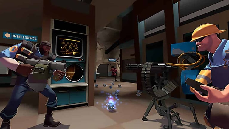 Two video game characters, one holding a grenade launcher and the other wearing a hard hat, stand near machinery and a turret in the online multiplayer environment of Team Fortress 2 labeled "Intelligence.