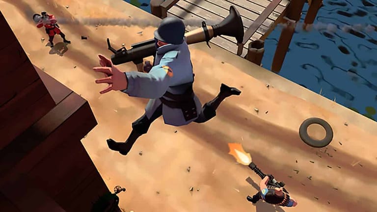 A character in military attire jumps mid-air holding a rocket launcher, while two others engage in combat beside a dock in the online multiplayer game, Team Fortress 2.
