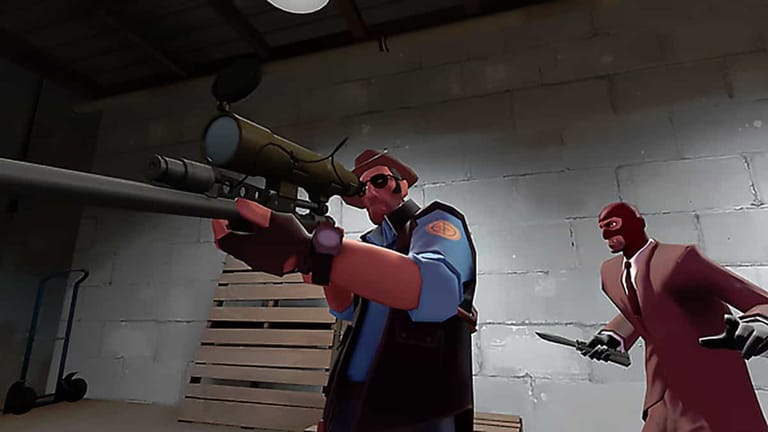 In the dimly lit room with industrial walls and a pallet, a character in a blue outfit aims a rifle, while another in a red suit, reminiscent of *Team Fortress 2*, stealthily approaches with a knife. This intense scene feels straight out of a multiplayer first-person shooter game.
