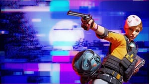 A character in a yellow shirt and tactical gear points a handgun. They have a white mask on their head, and a helmet hanging from their waist. A glitchy, neon-hued background reminiscent of The Finals Season 3 sets the stage for their future success.