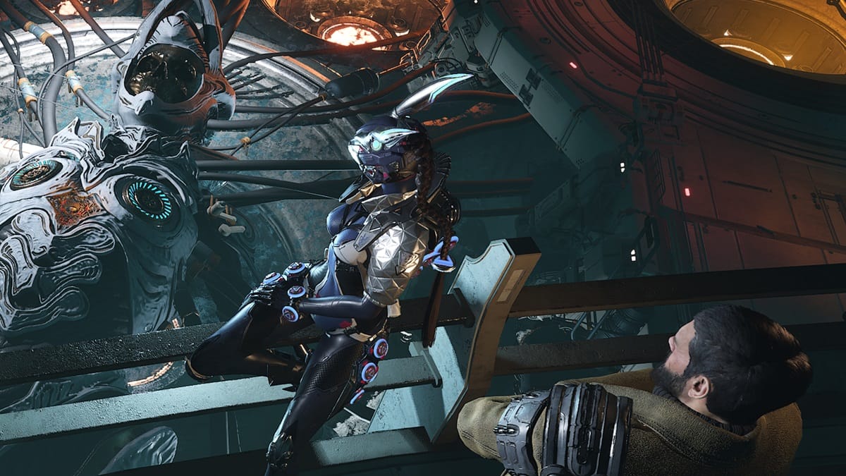 Bunny stands next to a menacing mech in The First Descendant.