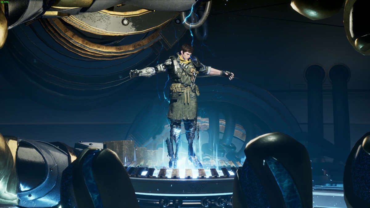 Picture of a Descendant becoming empowered by a magical futuristic machine.