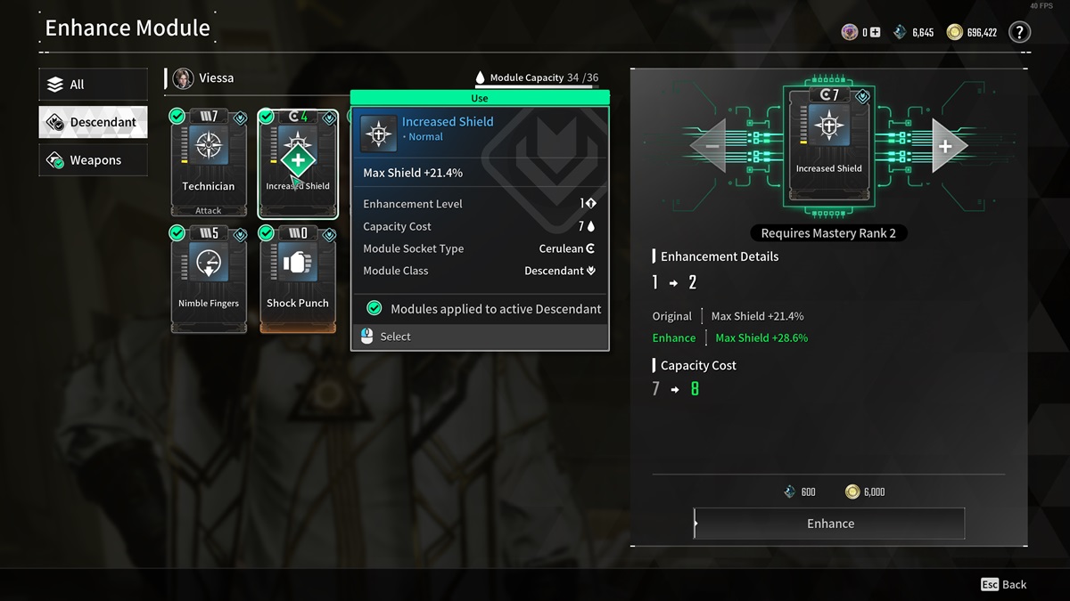 A player checks out Silion's module upgrades in The First Descendant.