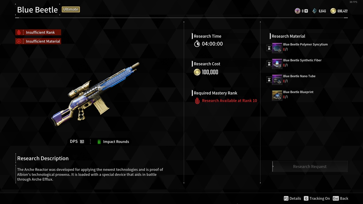 A player checks out a legendary research weapon in The First Descendant.