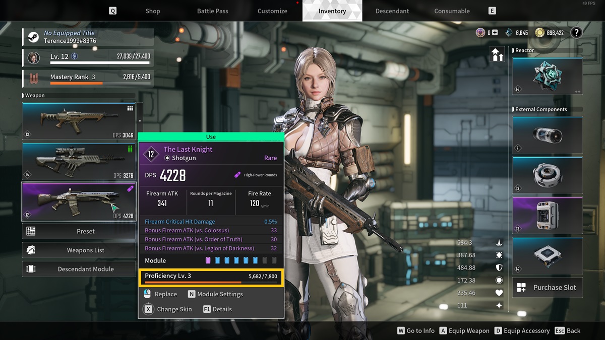 A player checks the proficiency of a weapon in The First Descendant.