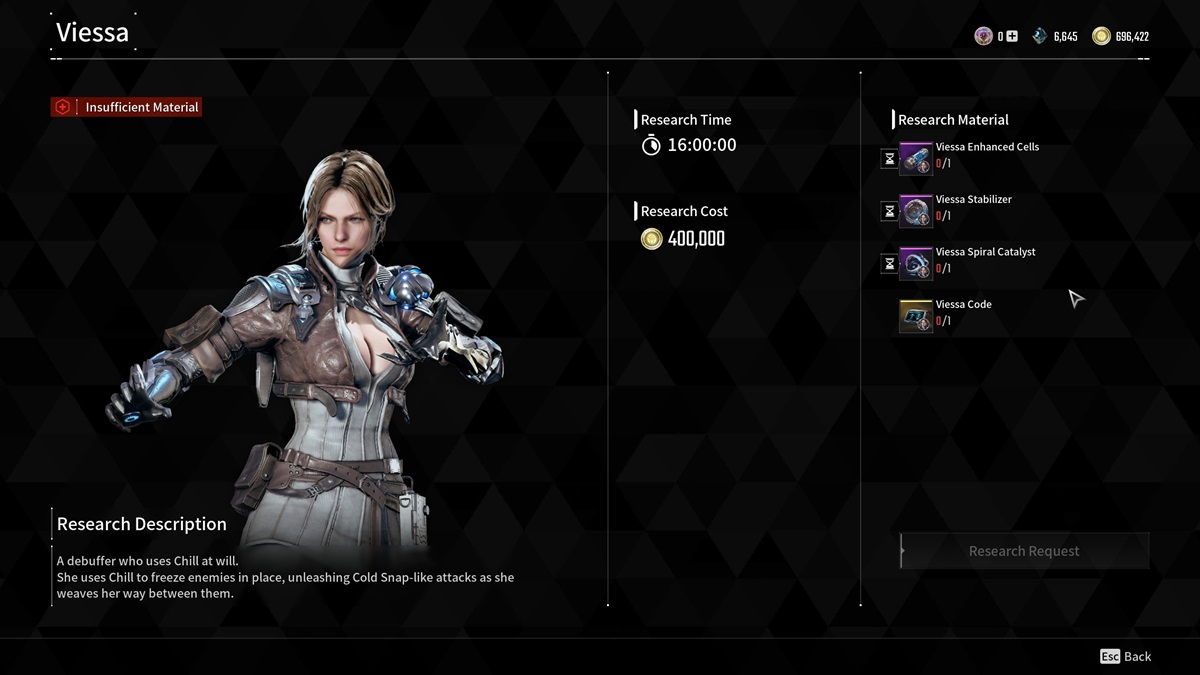 A player checks Viessa's material costs in The First Descendant.