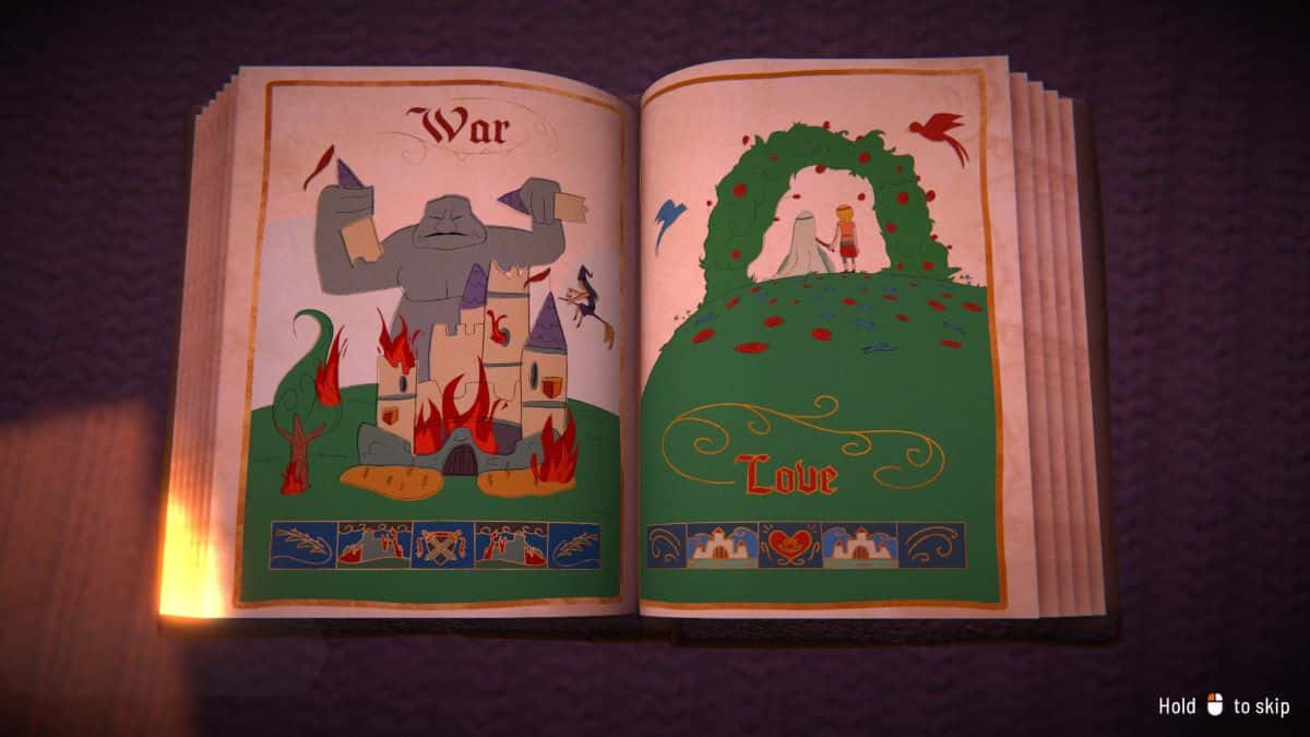 Fabledom review: open story book depicting war and love, featuring an ogre ravaging a city and a couple holding hands under an arch.