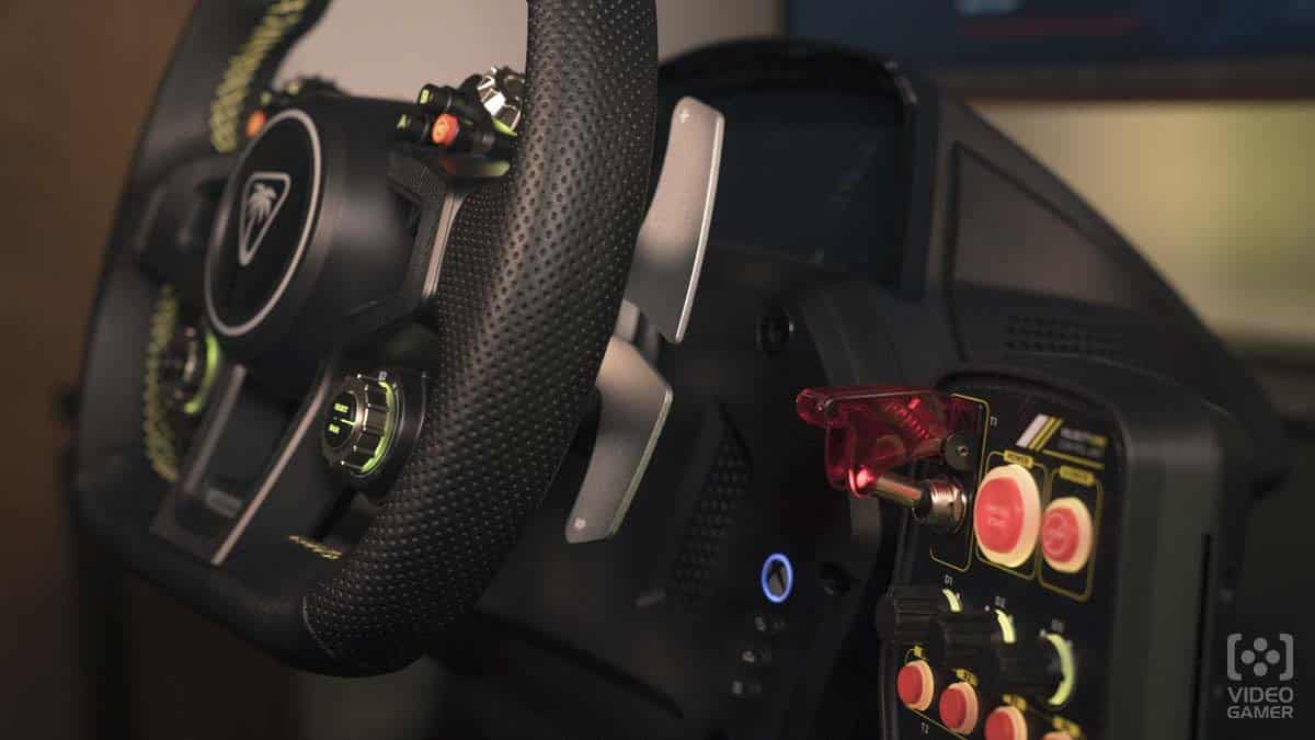 Close-up of the best racing wheel for 2024, featuring a high-end setup with detailed buttons and gear shift paddles.