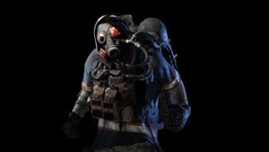 A person wearing a gas mask and heavy protective gear, rewarded by the game's battle pass.