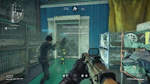 In an intense XDefiant first-person shooter scene, two characters in tactical gear are opening a gate labeled "GATES OPEN IN: 9." The interface displays weapon status, game stats, and a map overlay. Players can level up fast and earn Battle Pass XP as they progress through the game.