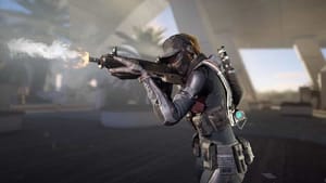 A player fires a weapon as a member of the Phantoms faction.