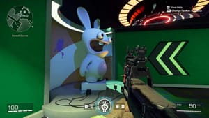 A first-person view of XDefiant, a shooting game, shows a Rabbit statue next to a green screen and a radar in the top-left corner. The player, holding a P90, has in-game controls displayed.