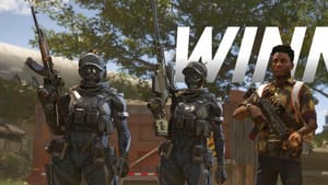 Three individuals are dressed in tactical gear and holding weapons, two in futuristic armor and one in casual attire. A large "WIN" is partially visible in the background, evoking XDefiant beginners eager to learn. Trees and a truck frame the scene.