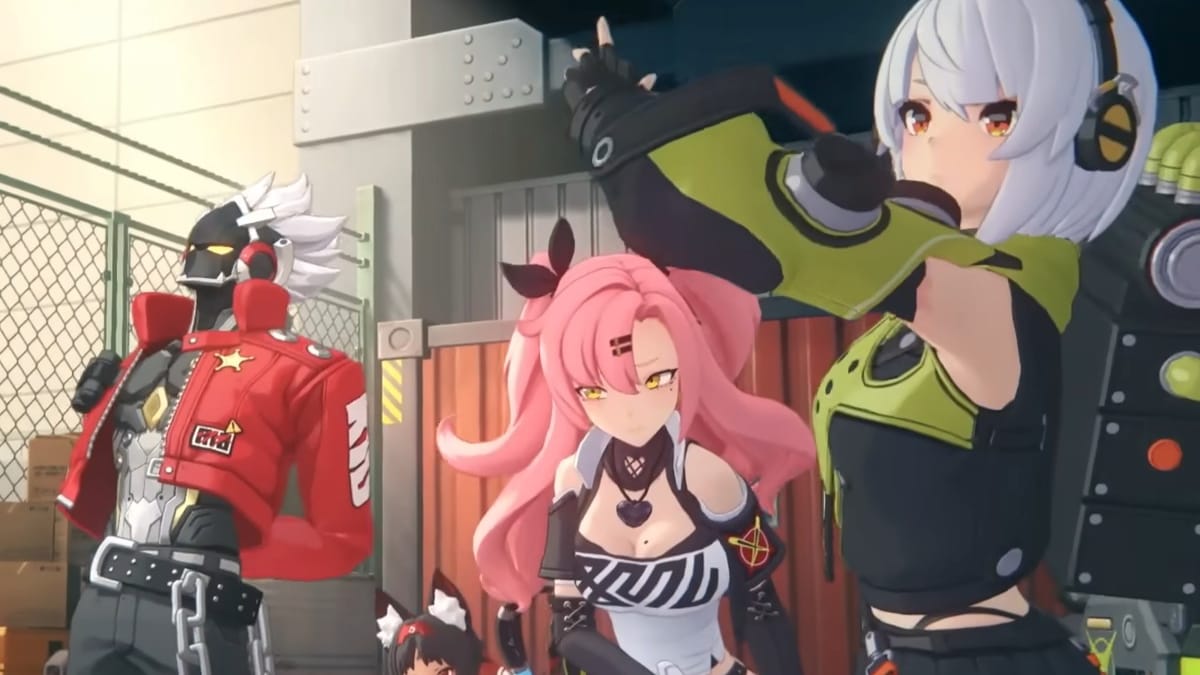 Zenless Zone Zero cross progression: A girl with white hair, a girl with pink hair and a masked man in a red coat stand next to each other in a garage.